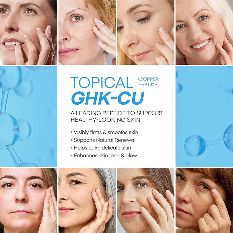 Copper peptide face balm infographic with close-up photographs of faces around it