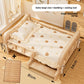 Extra Large solid wood pet bed with bear print bedding set and woven summer mat beside it