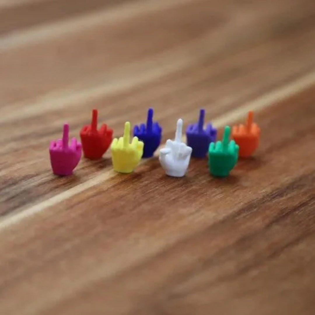 Eight mini middle finger figures lined up in pink, red, yellow, blue, purple, green, white and orange