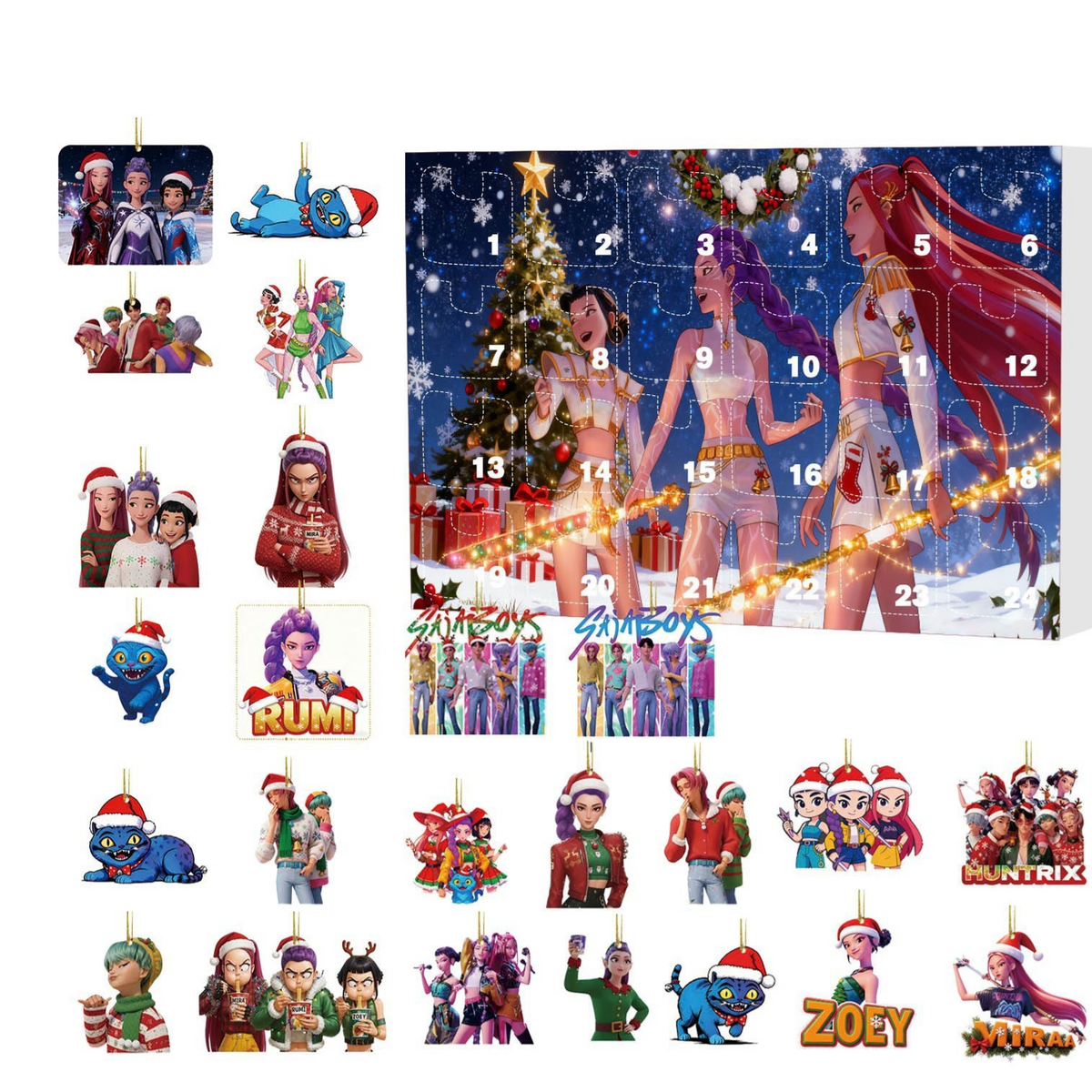 Advent calendar cover with a Christmas tree and a red haired figure beside a sheet of 24 festive ornaments