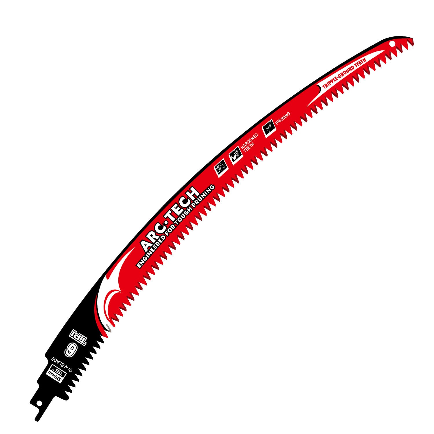 Single long arc shaped reciprocating saw blade marked 6 TPI Cr-V, red and black, on white