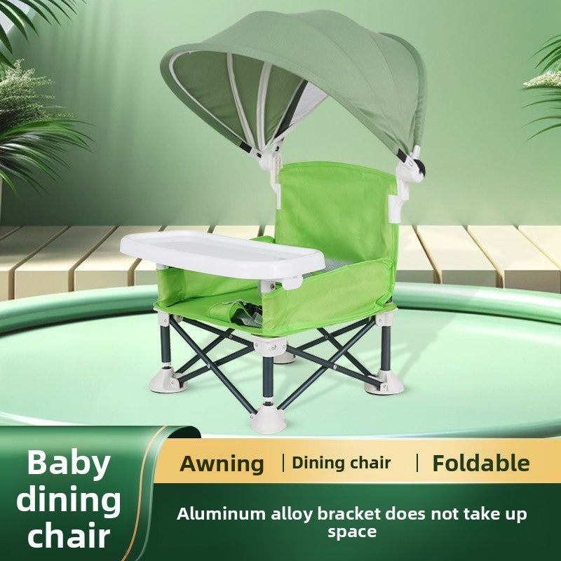 Folding baby feeding chair with canopy, three quarter view showing the four wide feet
