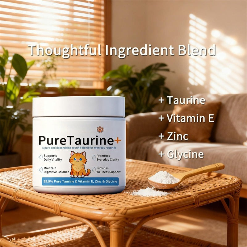 Cat taurine powder 200g tub side profile showing the label detail