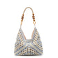 Khaki and cream open-weave hobo bag with a dark wooden bead handle on a plain white studio background