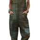 Dark green striped print bib overalls with side pockets and rolled cuffs, option photo for size XL