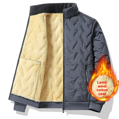 Men's black padded stand collar jacket with a quilted shell shown open with fleece lining