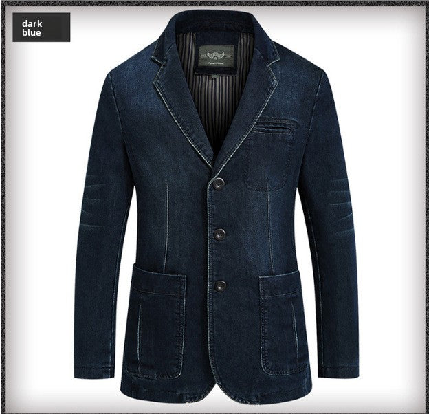 Dark Blue Denim blazer jacket with three buttons and patch pockets, option photo for size XL