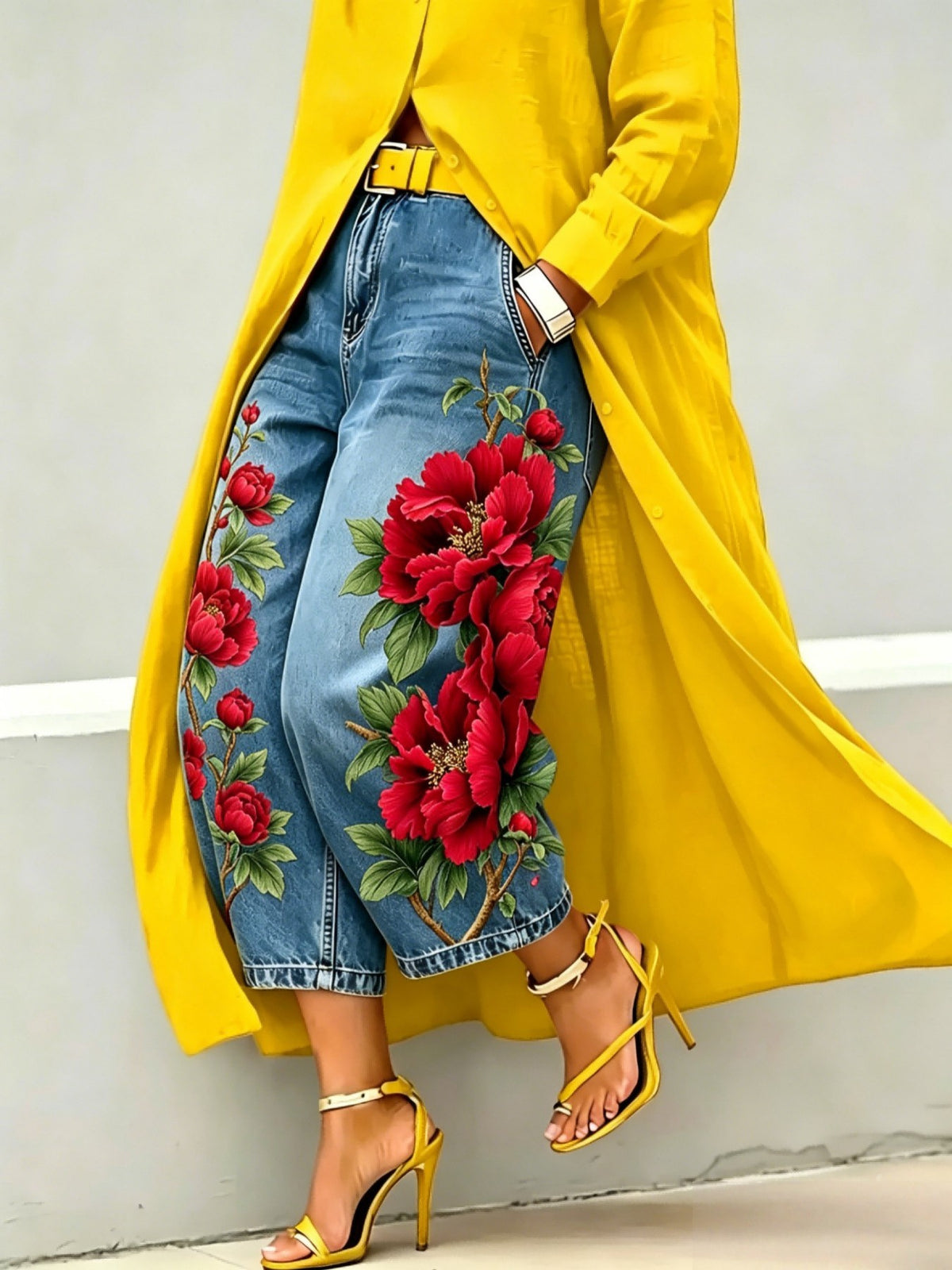 Wide leg cropped denim jeans with large red poppy flower print on blue denim, yellow open coat