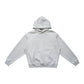 Heather Gray pullover hoodie with front pouch pocket and rib knit cuffs flat on white, size L option