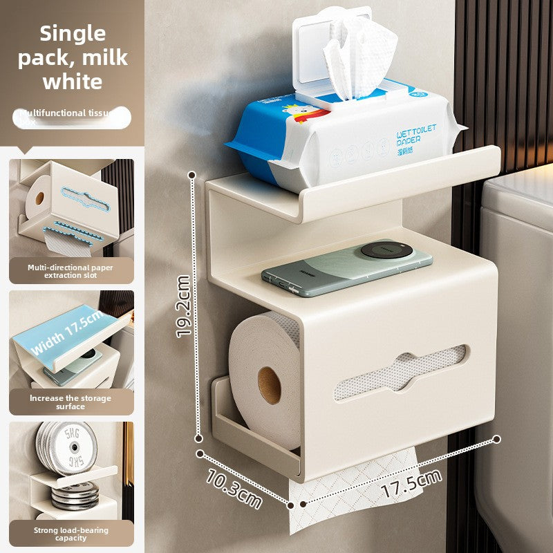 Gun metal grey bathroom shelf dispensing tissues through a front slot