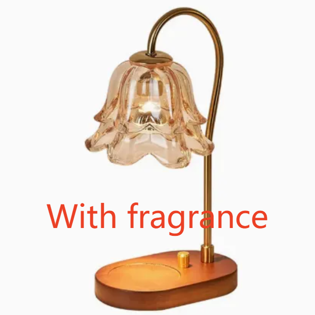 Candle warmer lamp, amber tulip shade, walnut wood base, knob dimmer, fragrance version, UK plug