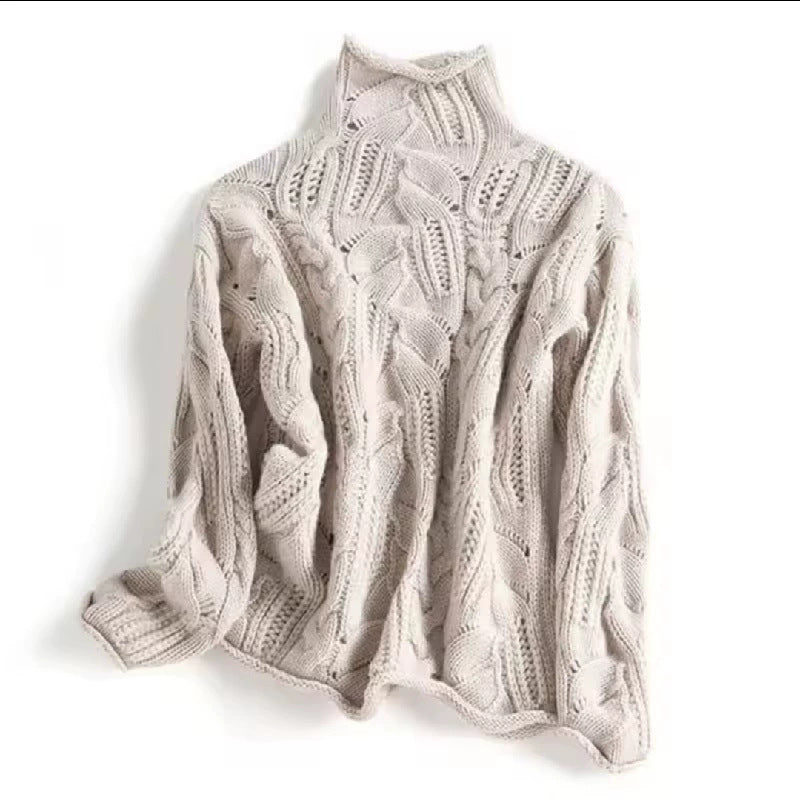 Apricot cream cable knit high neck sweater for women, braided cables and open stitch, relaxed loose drop shoulder