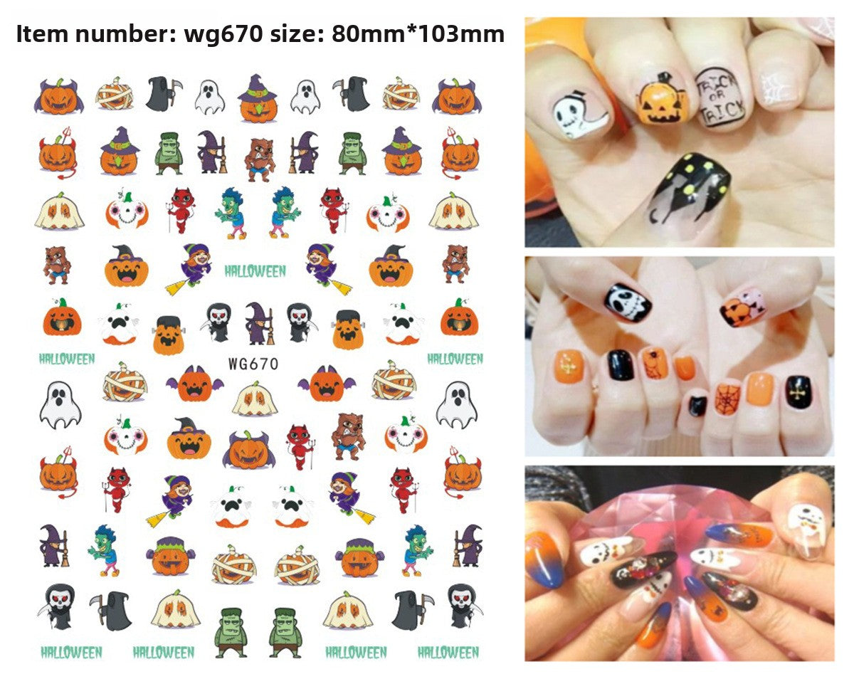 Halloween nail art with cartoon skeleton and monster face designs
