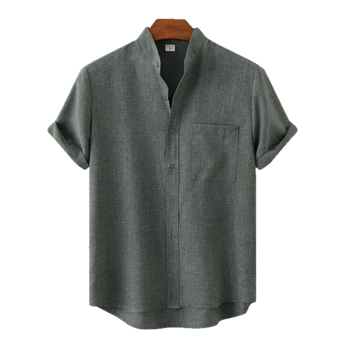 Mens Stand Collar Casual Button Down Short Sleeve Shirt