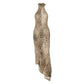 Front of the leopard print halter maxi dress with a high neck tie, body close fit