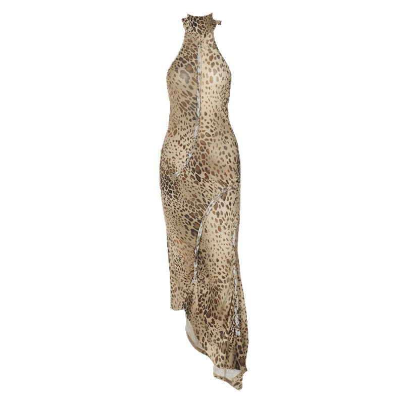 Front of the leopard print halter maxi dress with a high neck tie, body close fit