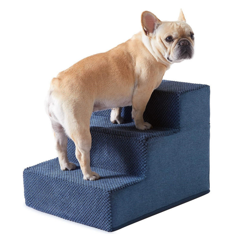 Blue three-tier pet steps with a French bulldog on white background, option L3 54x38x40cm