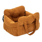 Padded car seat pet bed with raised bolster walls, carry handles and an inner clip in a brown corduroy colourway