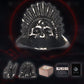 Black and white ceramic skull death whistle with feather headdress shown with side views, box and storage bag