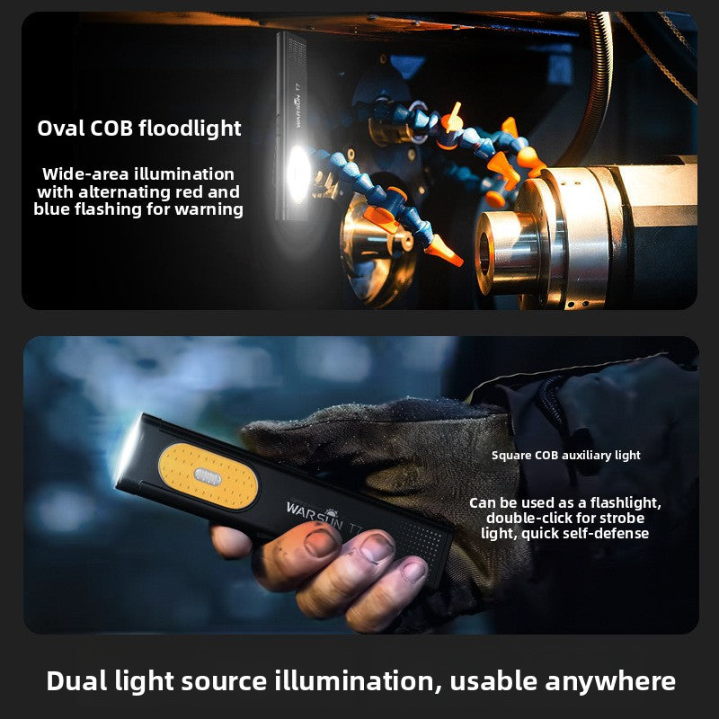 Warsun T7 Pro flashlight held in a gloved hand showing the side COB light