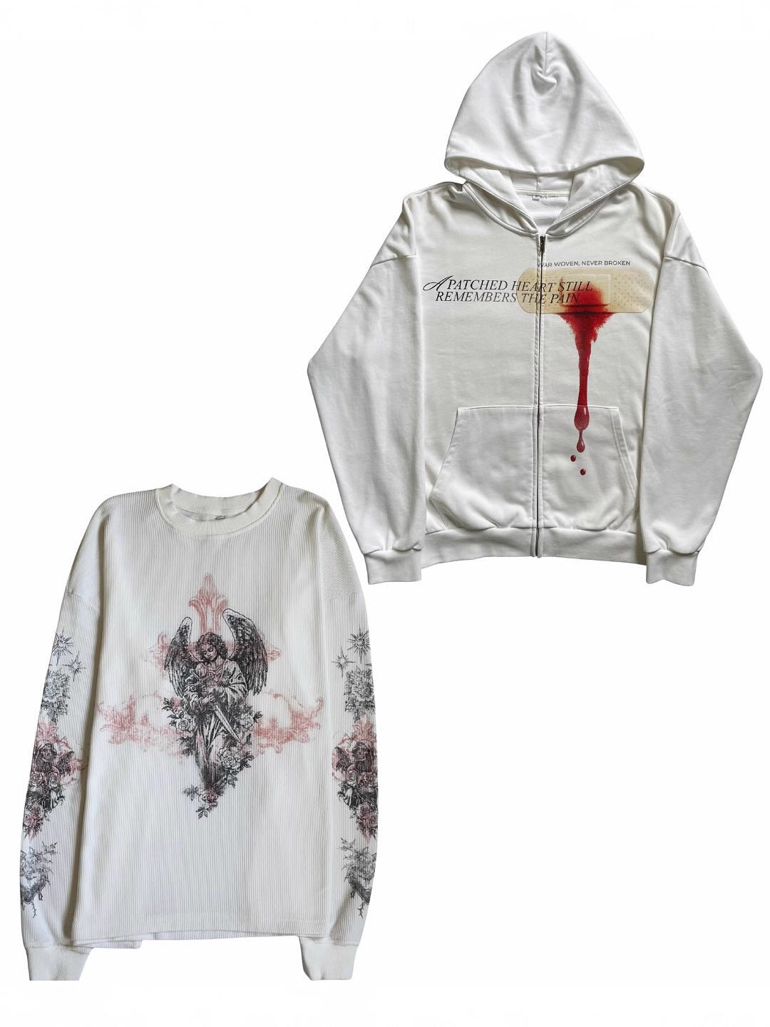 Close view of the printed bandage and red drip graphic on a white zip-up hoodie