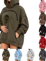 Army green oversized fleece hoodie with a round cat pocket, arched zipper and zip pockets, shown with seven color swatches