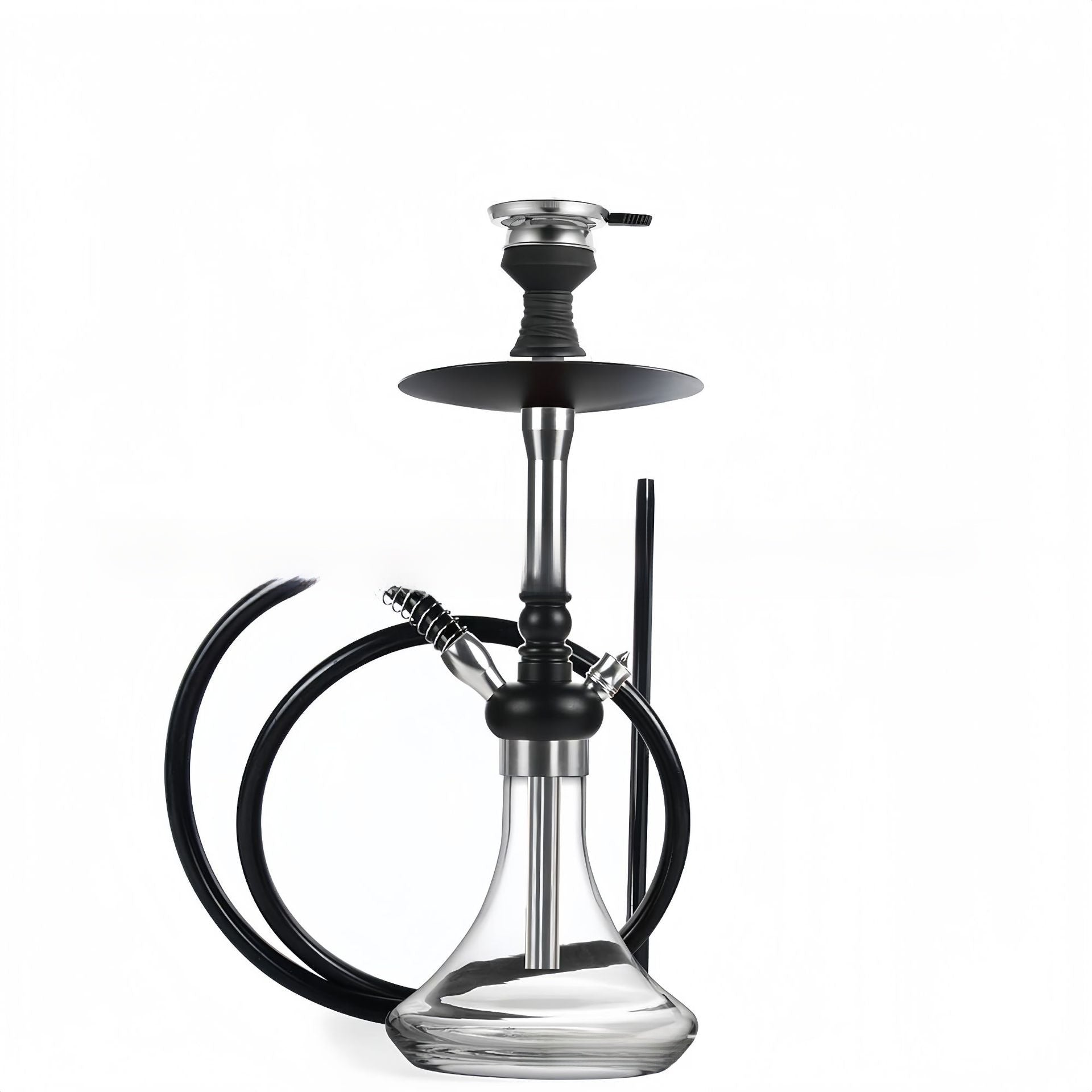 Assembled clear glass hookah water pipe with metal stem, bowl, tray and single hose