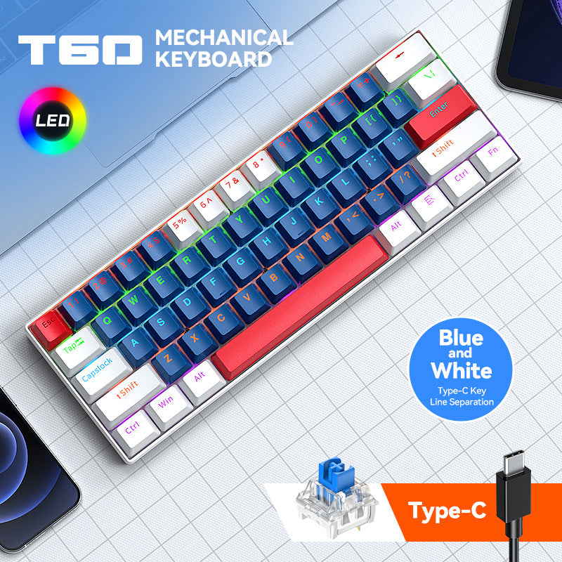 T60 blue and white keycap mechanical keyboard with red space bar and blue switch