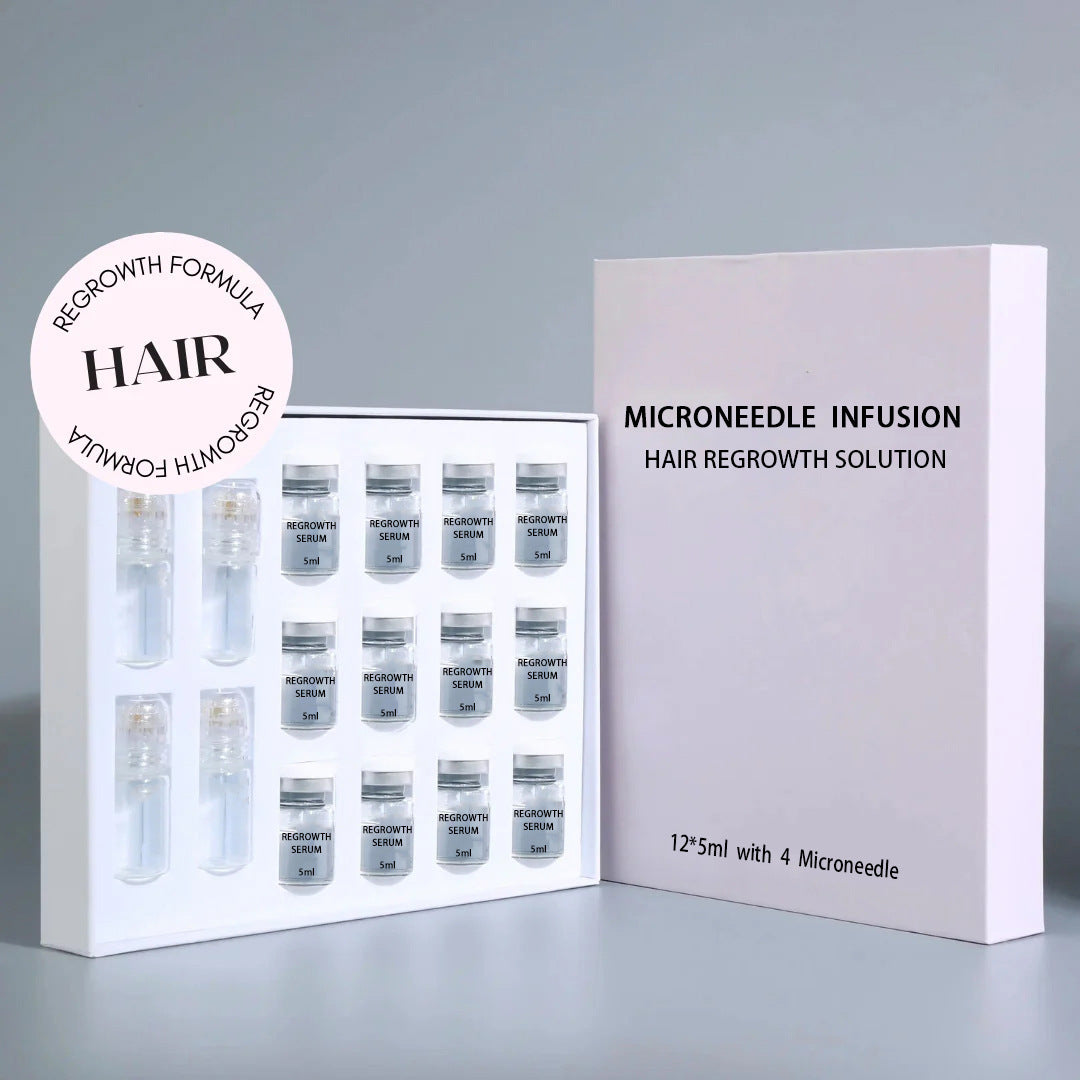 Open microneedle kit box with twelve 5 ml serum vials, four applicator caps and a hair badge