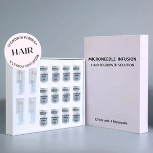 Open microneedle kit box with twelve 5 ml serum vials, four applicator caps and a hair badge