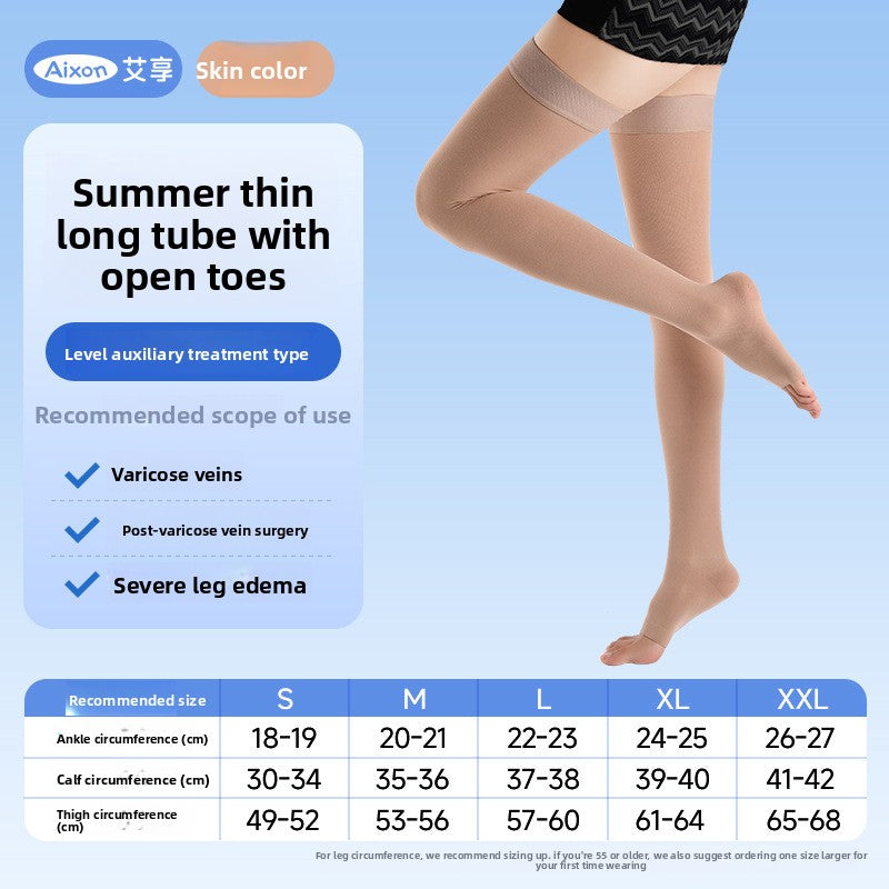 Thigh high graduated compression sock shown on the leg in skin tone