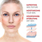 Woman's face with white arrows over the skin beside the words improving skin texture, moisturizing and hydrating dry skin