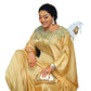 Gold satin maxi dress showing the lace yoke and flowing sleeves on a model