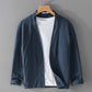 Open front ramie jacket shown to display the stand collar and open drape