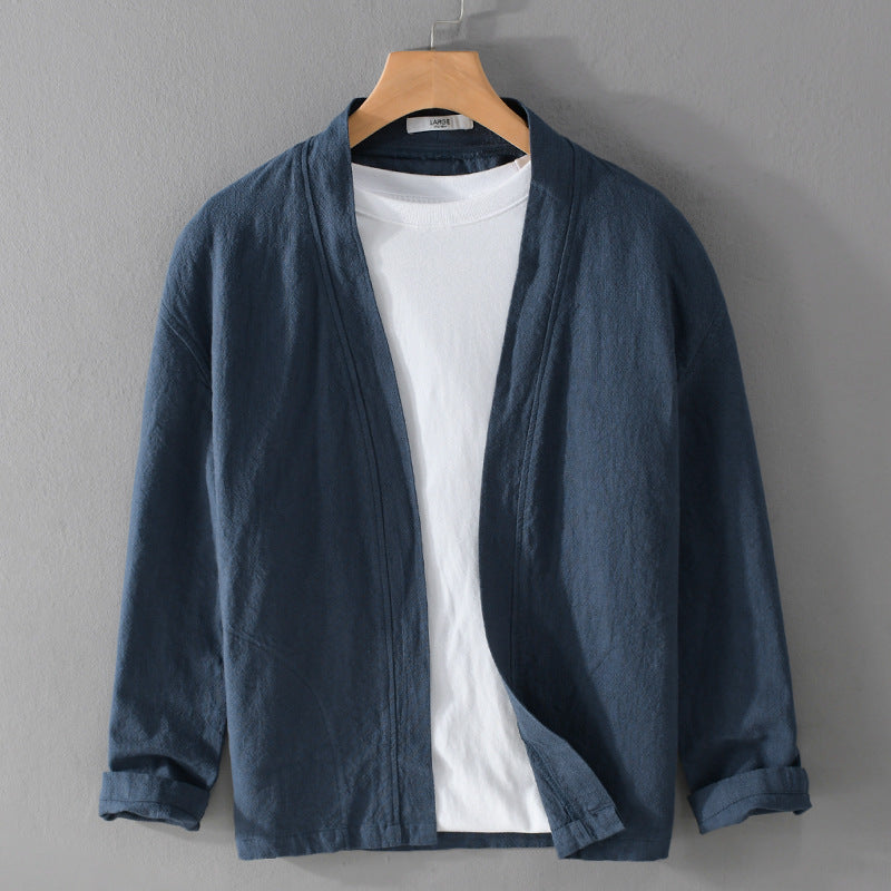 Open front ramie jacket shown to display the stand collar and open drape