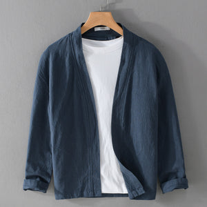 Open front ramie jacket shown to display the stand collar and open drape