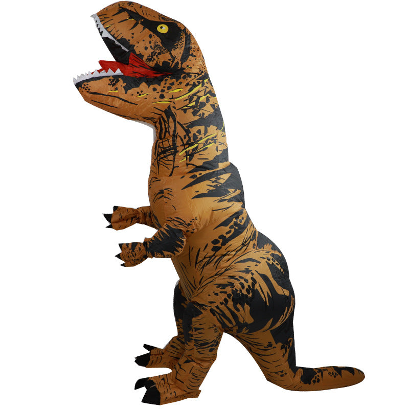 Inflatable T-Rex costume side view, tall body tapering to a thick balanced tail and stubby dino arms