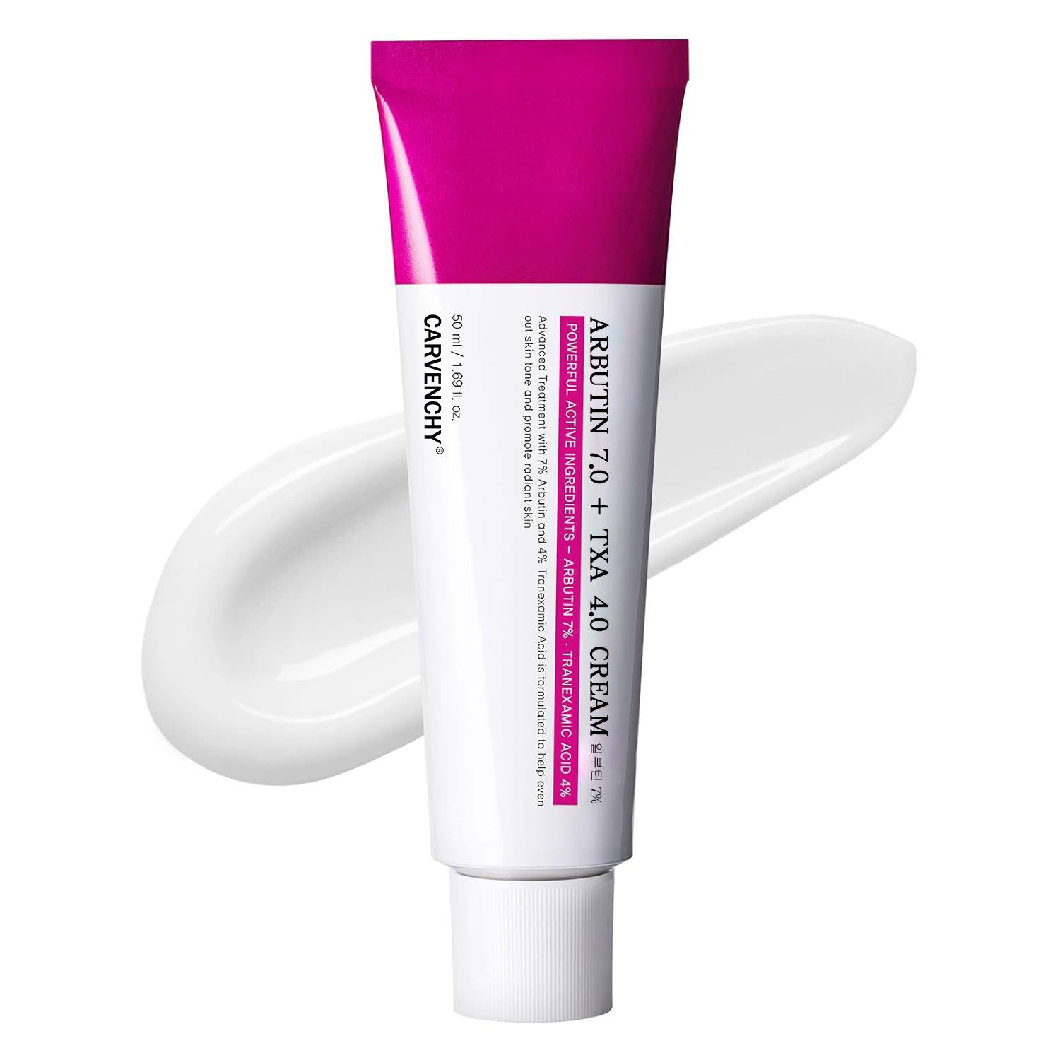 White face cream tube from Carvenchy with a soft cream texture swatch behind it