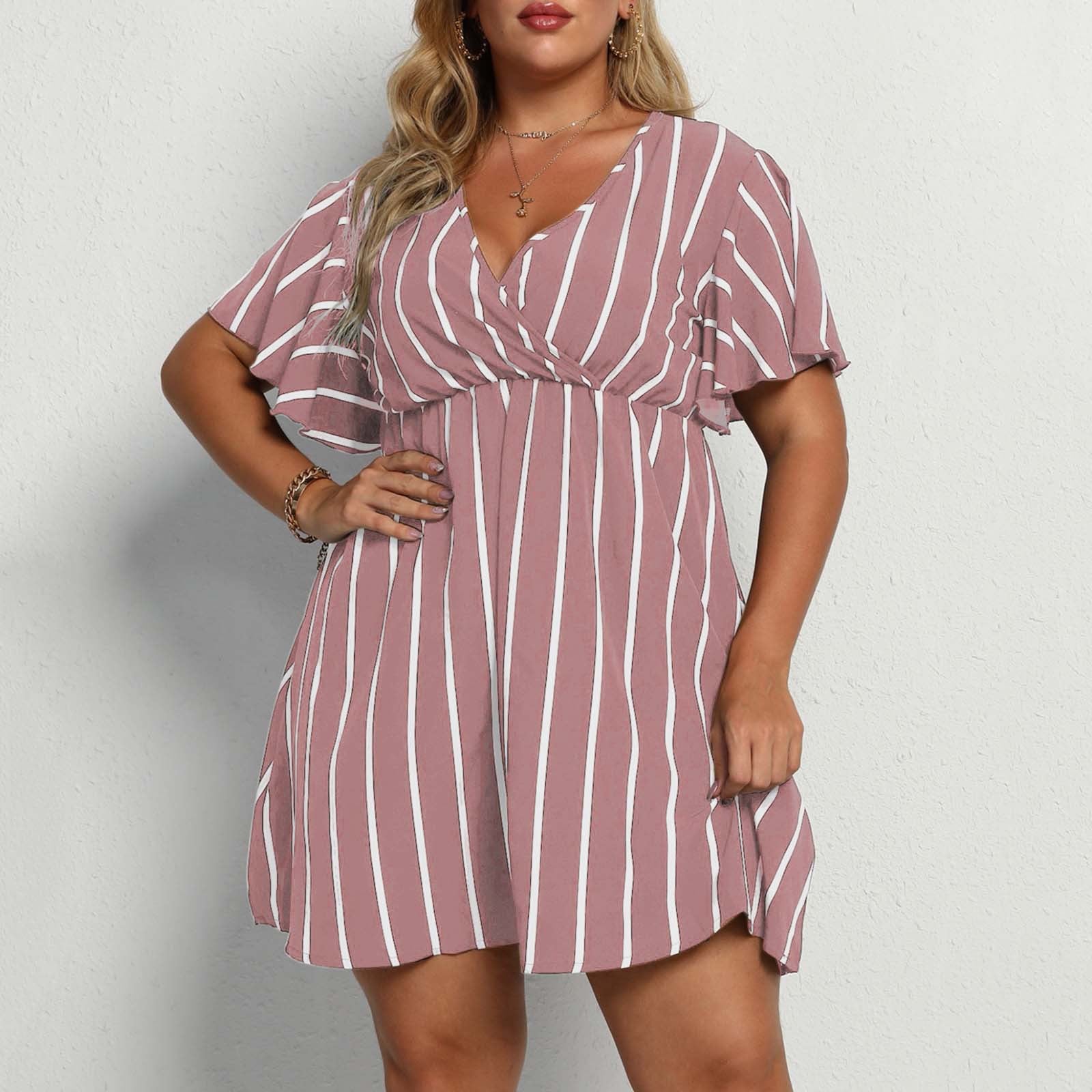 Pink and white striped surplice mini dress with flutter sleeves, Pink option photo