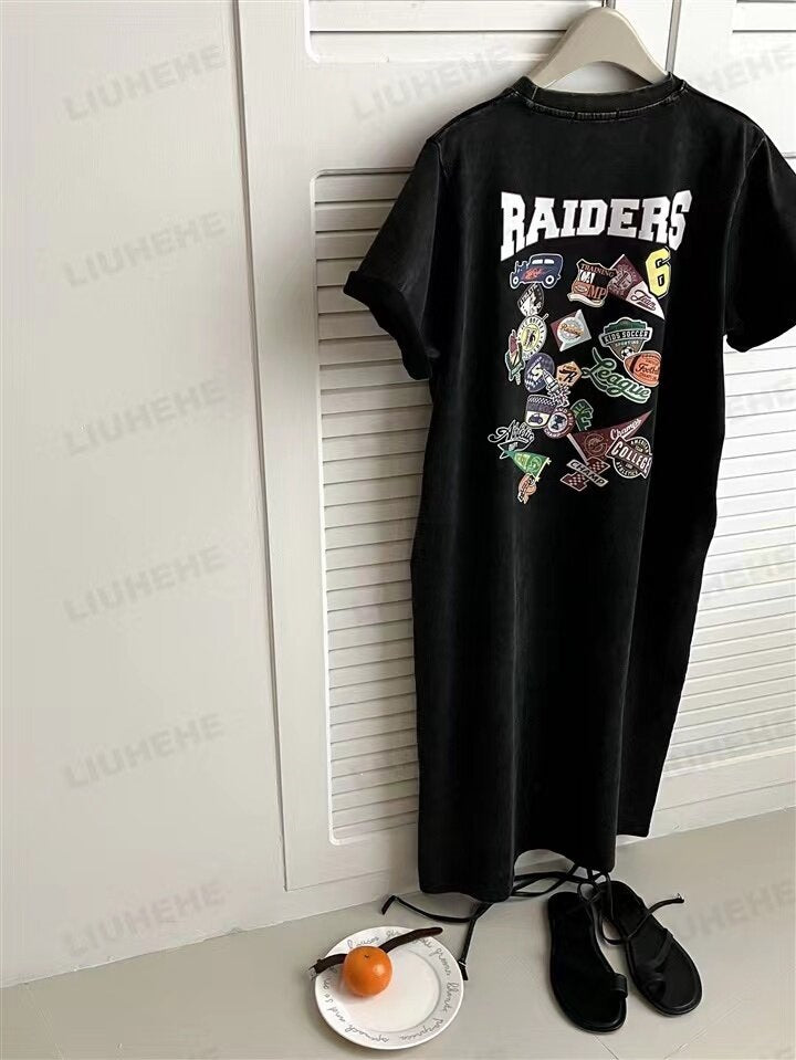 Washed black cotton T-shirt dress with varsity Raiders text and vintage badge back print