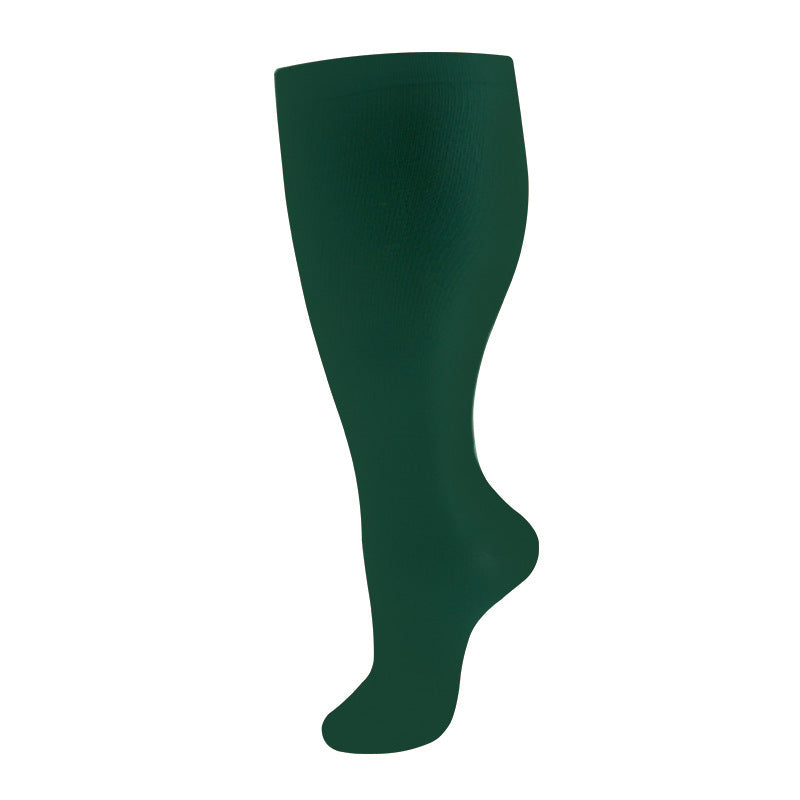 Plus size sock with a widened ribbed stretch band at the top on a white background
