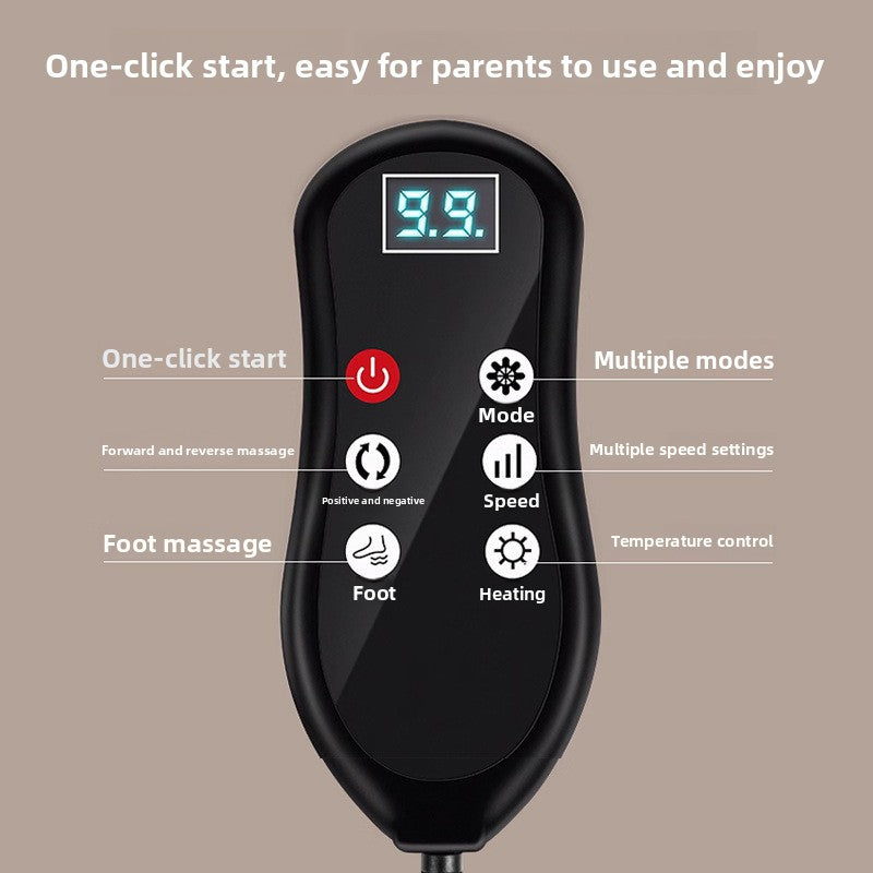 Black wired remote with a digital display and buttons for power, mode, rotation direction, speed, foot and heating