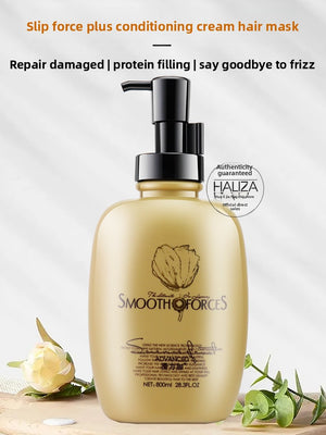 Conditioning cream hair mask in a gold pump bottle with an authenticity seal and a pale rose