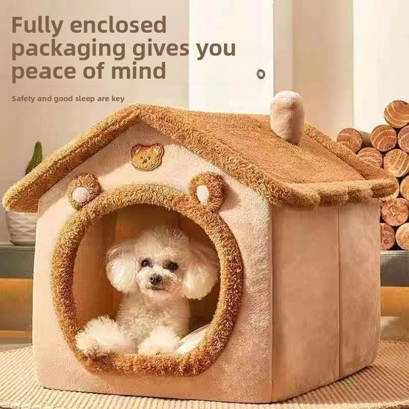 Brown semi-enclosed pet house with a small dog resting inside
