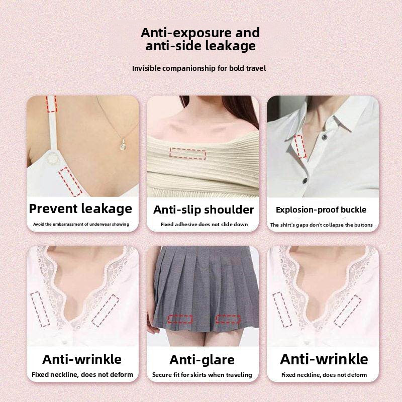 Grid showing clothing tape fixing off-shoulder collars, shirt button gaps and deep V necklines
