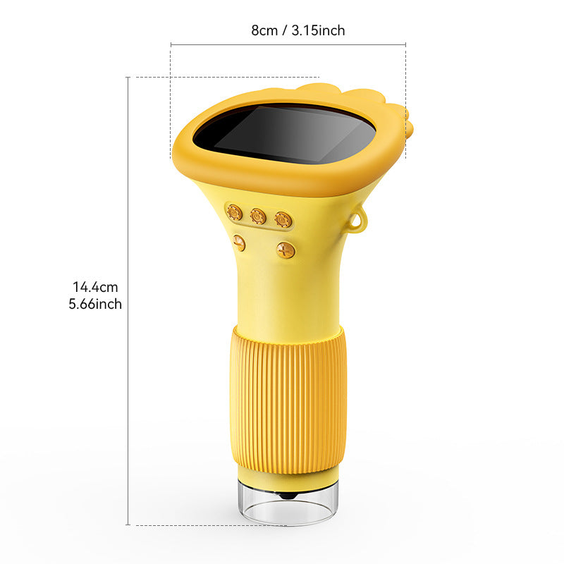 Yellow handheld digital microscope with size drawing, 14.4 cm tall and 8 cm wide
