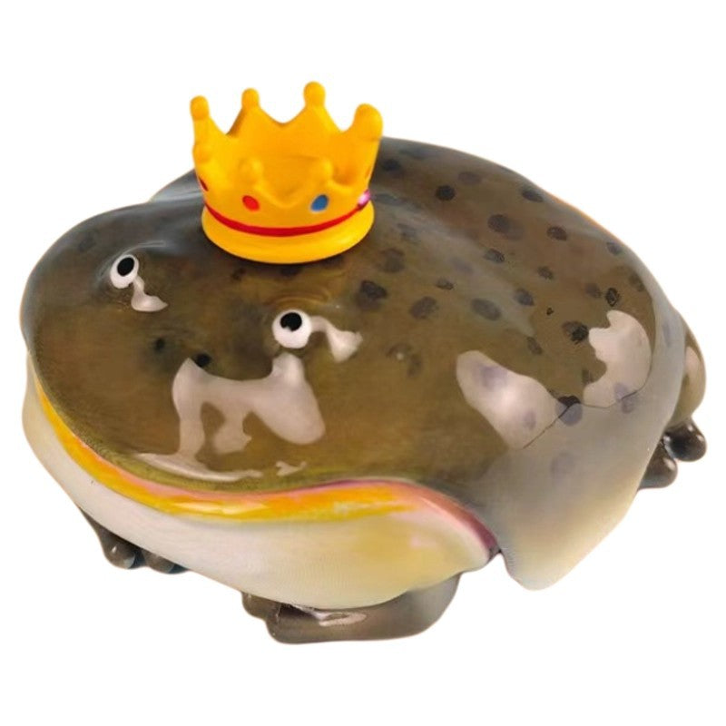 Olive resin frog earbud case with a small gold crown, photographed alone on white