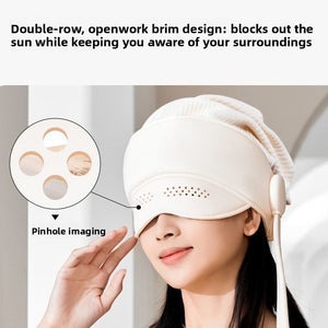 Close up of the cream head and eye massager worn low with its double row vented eye brim