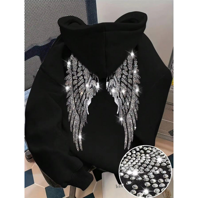 Black pullover hoodie with rhinestone wings on the back and a stone close-up, option photo for Black XL