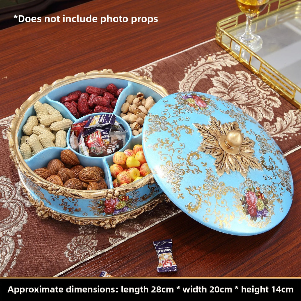 Ornate European resin decor piece with a glossy wood grain finish and antiqued gold tone scrollwork trim